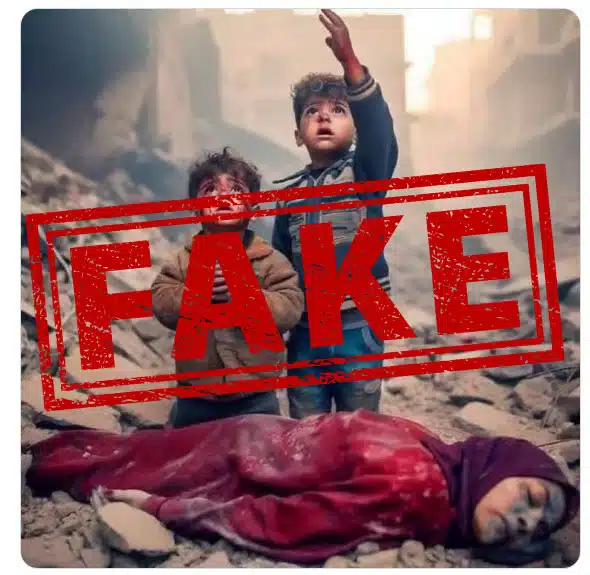 Fake image of a Palestinian childs cry infront of their dead mom