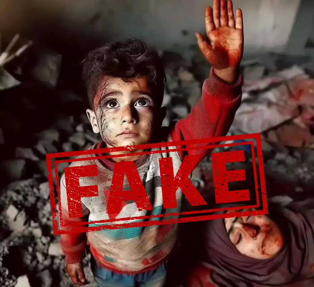 Fake image of a sad gazan child child, count his fingers..